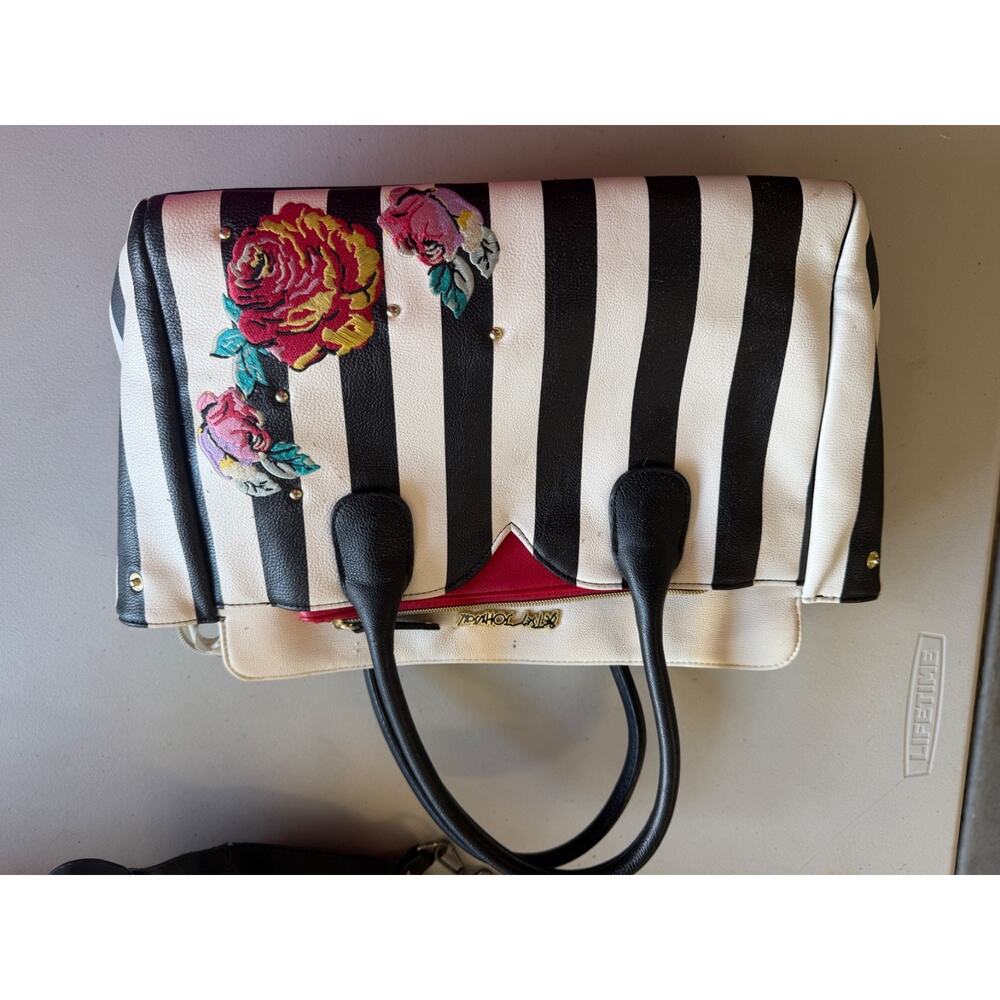 Black & White Stripped, Floral Patches, Betsey Johnson Tote Bag, Handbag & Purse - Picture 6 of 12